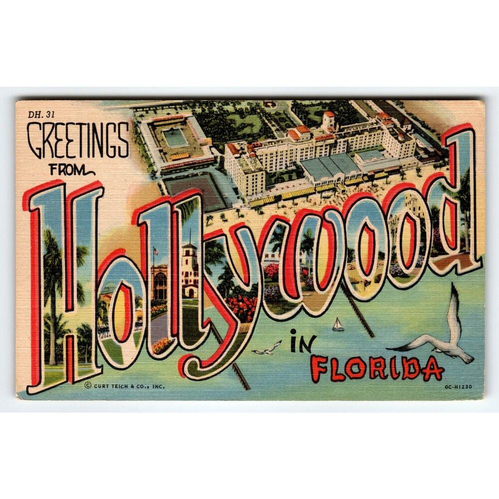 Greetings From Hollywood Florida Large Letter Linen Postcard Curt Teich Beach